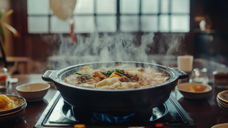 A dynamic shot of a steaming hot pot with a variety of ingredients simmering, set in a cozy dining room with traditional Asian tableware and ambient lighting.の素材
