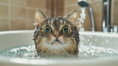 A close-up of a cat sitting in a shallow bath with gentle water splashing around, showing its curious expression and wet fur in a cozy bathroom setting.の素材