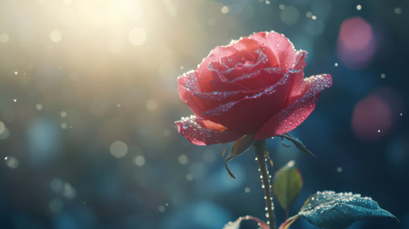 A close-up of a single red rose covered in delicate water droplets, with the petals glistening under soft sunlight, creating a romantic and fresh atmosphere.の素材