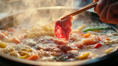 A close-up of a hand using chopsticks to pick up a piece of meat from a steaming hot pot, with colorful vegetables and bubbling broth visible in the background.の素材