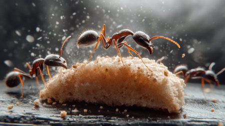 A detailed image of ants crawling on a crumb of food on a kitchen counter, capturing their movement and interaction with the environment.の素材