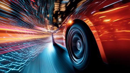 A dynamic shot of a car in motion with bass vibrations visible, showcasing the powerful sound system and car speakers as they deliver a high-fidelity audio experience.の素材