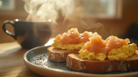 A cozy breakfast scene featuring two slices of toasted bread topped with scrambled eggs and smoked salmon, with a cup of coffee steaming in the background.の素材