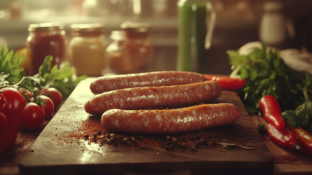 A detailed image of raw sausages on a butchers block, with visible seasoning and spices, ready to be cooked, surrounded by fresh ingredients.の素材