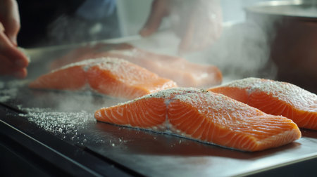 A dynamic scene of a chef preparing salmon in a professional kitchen, with the fish being seasoned and cooked, showcasing the culinary process.の素材