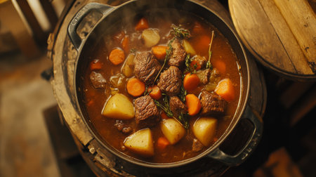 An overhead view of a traditional meat stew simmering in a pot, with chunks of beef, carrots, potatoes, and herbs, ready to be served in a cozy kitchen setting.の素材