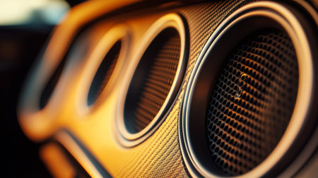 A close-up of a car speaker grille, highlighting its intricate design and high-quality materials, with soft ambient lighting inside the vehicle.の素材