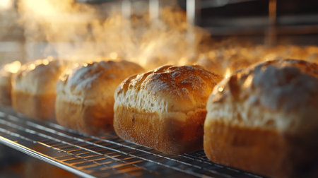 A dynamic image of bread loaves cooling on a wire rack, with a focus on the texture of the crust and the inviting aroma of freshly baked bread filling the air.の素材