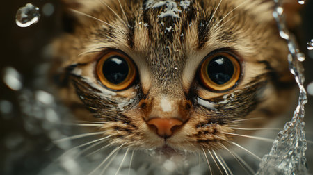 A close-up of a cats face with wide eyes and whiskers wet, as it tries to catch water droplets from a spraying bottle in a playful manner.の素材