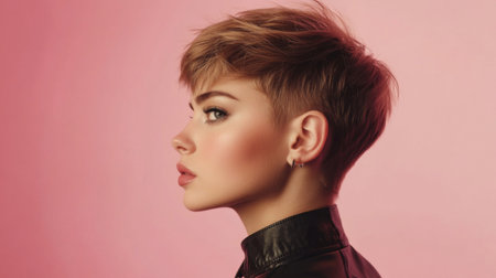 A high-quality image of a woman with a trendy pixie cut, showcasing a bold and edgy look with well-defined layers and a stylish finish.の素材