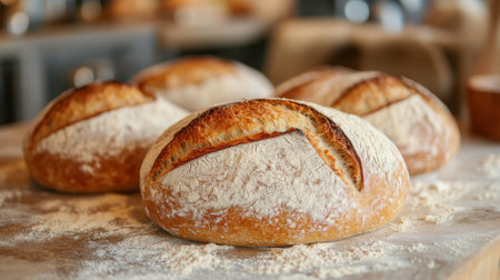 A dynamic shot of bread dough being kneaded on a floured countertop, with a focus on the texture and process of making fresh bread loaves from scratch.の素材