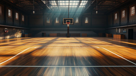 A high-quality image of a basketball court before a game, with neatly lined markings, a well-maintained hoop, and a polished hardwood floor.の素材