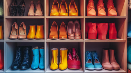 A vibrant image of a womans fashion collection featuring a range of stylish shoes, including boots, heels, and sneakers, displayed in an organized closet.の素材