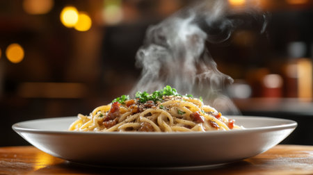 A dynamic shot of a steaming plate of spaghetti carbonara, with crispy pancetta, creamy sauce, and a generous amount of black pepper, served in a rustic setting.の素材