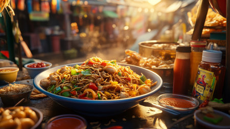 A dynamic shot of a street food vendor serving a bowl of delicious stir-fried noodles with vegetables and chicken, surrounded by an array of sauces and condiments.の素材
