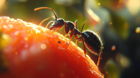 A high-quality image of an ant exploring a piece of fruit, with close-up detail of its antennae and legs, and a blurred background of the fruit.の素材