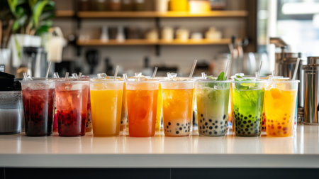 A high-quality image of a variety of bubble tea flavors, including classic milk tea, fruit-infused options, and specialty drinks, displayed on a counter.の素材