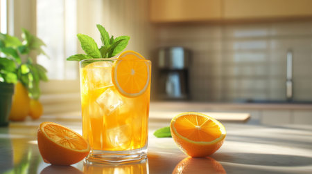 A refreshing glass of freshly squeezed  with ice cubes, garnished with a slice of orange and a mint sprig, set on a bright, sunlit kitchen counter.の素材