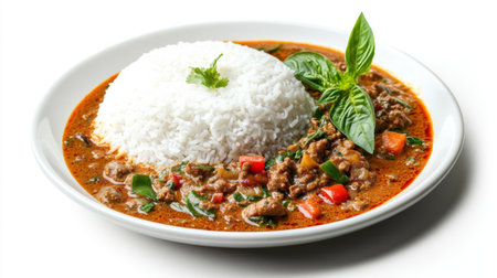 A high-resolution photo of a plate of  with a delicious Thai curry poured over it, showcasing the contrast between the white rice and colorful curry.の素材