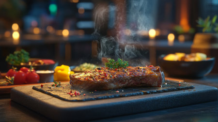 A high-resolution image of a sizzling steak on a hot stone plate, surrounded by colorful side dishes and garnished with herbs and spices, in a stylish restaurant.の素材