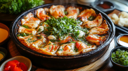 A high-resolution image of a traditional hot pot meal with a sizzling broth, fresh seafood, and vegetables, with dipping sauces and garnishes on the side.の素材