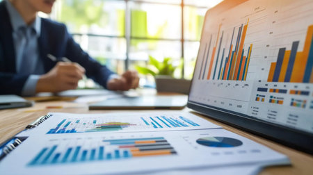 A professional analyzing and discussing business performance graphs with colleagues in a modern office, with charts and data visible on a wall-mounted screen.の素材