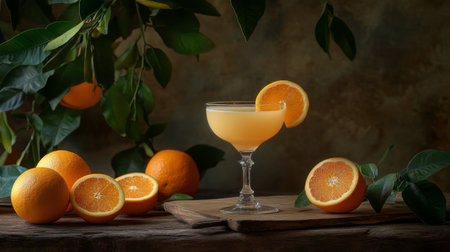 A high-resolution photo of whole oranges and a glass of  on a wooden table, with fresh oranges sliced and arranged to emphasize the natural freshness of the juice.の素材