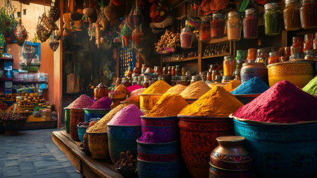 A vibrant image of a traditional spice market display with chili powder in colorful containers, showcasing its variety and appeal among other spices.の素材
