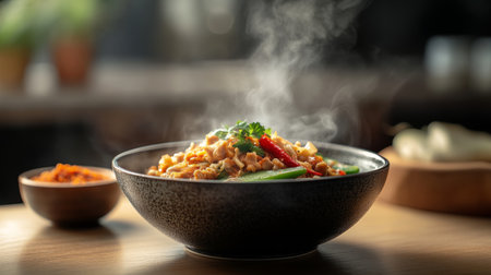 A high-quality image of a steaming bowl of  with a side of spicy Thai chili paste and fresh vegetables, emphasizing the simplicity and taste of the dish.の素材