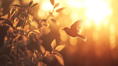 A serene photo of a bird flying close to a sunset or sunrise, with warm, golden hues highlighting the silhouette of the bird and creating a peaceful atmosphere.の素材