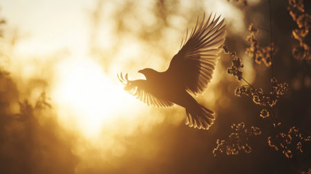 A serene photo of a bird flying close to a sunset or sunrise, with warm, golden hues highlighting the silhouette of the bird and creating a peaceful atmosphere.の素材