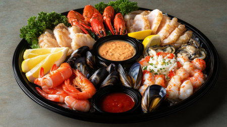 A vibrant seafood platter featuring a variety of fresh items, including shrimp, crab legs, mussels, and oysters, elegantly arranged with lemon wedges and dipping sauces.の素材