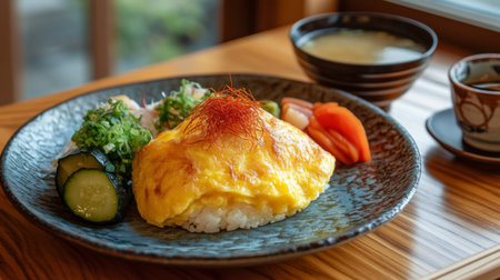 A vibrant scene of omurice served on a traditional Japanese-style plate, with a side of pickled vegetables and a cup of miso soup for a complete meal.の素材