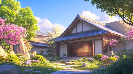 A serene image of a traditional Japanese house with a sloping roof, sliding shoji doors, and a beautifully manicured garden, set against a clear blue sky.の素材