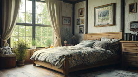 A rustic bedroom scene with a wooden bed frame, patterned bedding, and vintage decor elements, featuring a large window with natural light illuminating the room.の素材