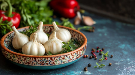 A vibrant image of whole  bulbs placed on a colorful ceramic dish, with a backdrop of fresh herbs and spices, highlighting their culinary versatility.の素材