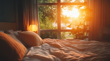 A dynamic shot of a bedroom with a large window overlooking a garden, a king-size bed with elegant bedding, and a modern bedside lamp casting a warm glow.の素材