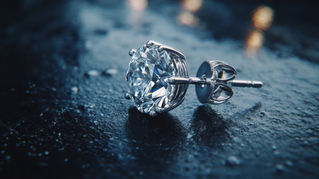 A dramatic shot of a diamond stud earring with light sparkling through it, showcasing its clarity and brilliance against a dark, moody backgroundの素材