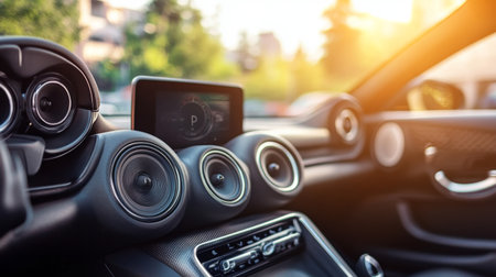 An interior shot of a modern car with premium speakers integrated into the dashboard and doors, highlighting the advanced audio system in a stylish setting.の素材