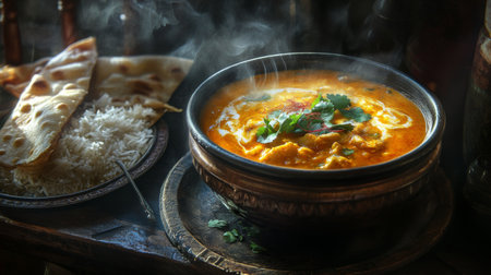 A cozy image of a steaming bowl of chicken curry with a side of fluffy basmati rice, garnished with fresh cilantro, capturing the essence of comfort foodの素材