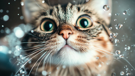 A close-up of a cats face with wide eyes and whiskers wet, as it tries to catch water droplets from a spraying bottle in a playful manner.の素材