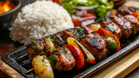 A delicious pork kebab being grilled over an open flame, with chunks of marinated pork and vegetables, served with a side of rice and a fresh salad.の素材