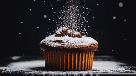 A dramatic shot of a chocolate souffl rising in the oven, with a rich brown color and a dusting of powdered sugar on top, emphasizing its airy textureの素材