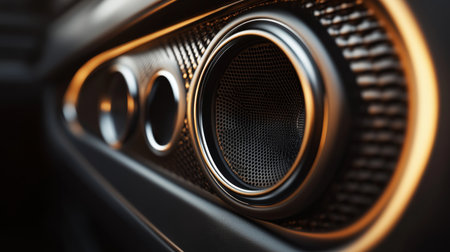 A close-up of a sleek, round car speaker embedded in a door panel, with brushed metal detailing and soft lighting highlighting the speaker grilleの素材