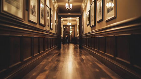 A cozy and inviting hallway with wooden flooring, soft lighting, and framed pictures on the walls, creating a warm atmosphere that welcomes guestsの素材