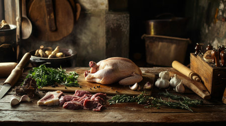 A rustic kitchen scene with a raw whole chicken and various cuts of meat on a wooden table, with fresh herbs, garlic, and a rolling pin nearby.の素材