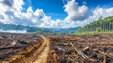 A stark contrast between a vibrant forest and an area devastated by logging, emphasizing the impact of human activity on natural ecosystems and global warmingの素材