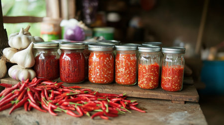 A rustic kitchen setting with fresh red chilies, garlic, and shallots arranged on a chopping board, next to jars of chili paste and seasoning sauces.の素材