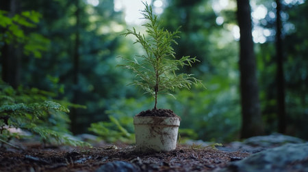 Close-up of a small tree growing out of a biodegradable seedling container placed on the forest floor, with soft light filtering through the treesの素材