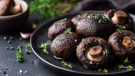 An artistic shot of truffle mushrooms arranged on a plate, highlighting their unique texture and rich, dark color, with a sprinkle of fresh herbs for added visual appeal.の素材